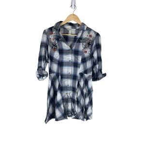 Tantrums Blue Plaid Embriodered Floral 1/4 Sleeve Button Up Sleeve Top Size S